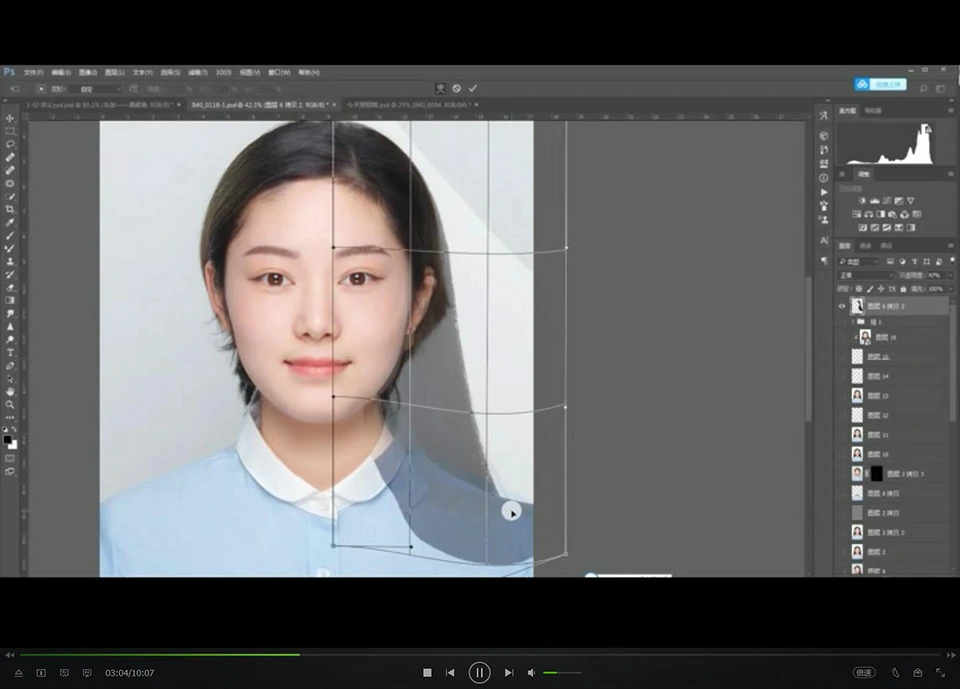 一修摄影后期证件照实战案例-液化,换衣服.换背景.磨皮.校色16课